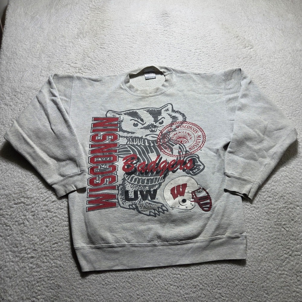 Oneita Wisconsin Sweatshirt Mens L Grey Vintage 1993 Badgers NCAA Sporty Retro